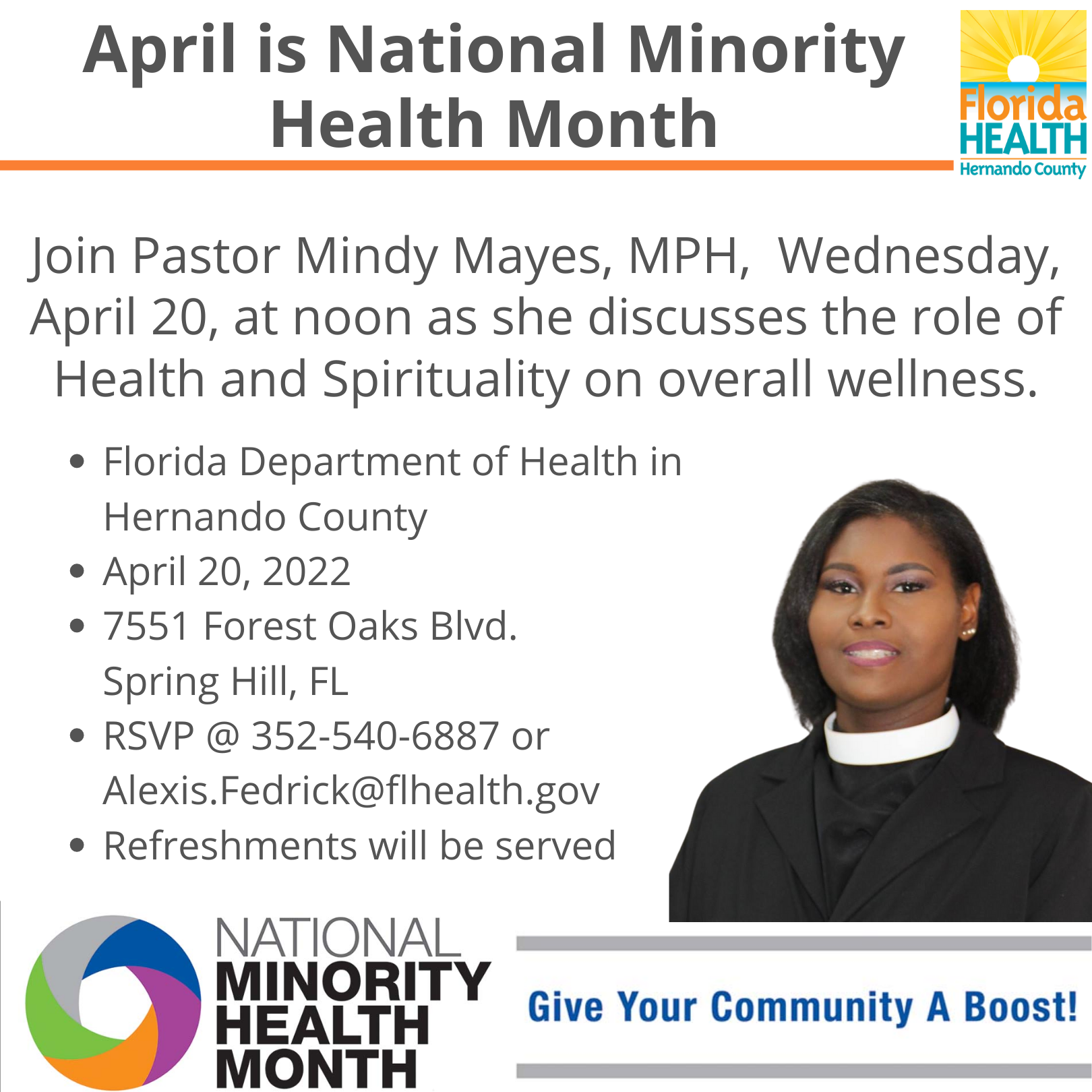 Pastor Mindy Mayes will discuss the role of health and spirituality on overall wellness