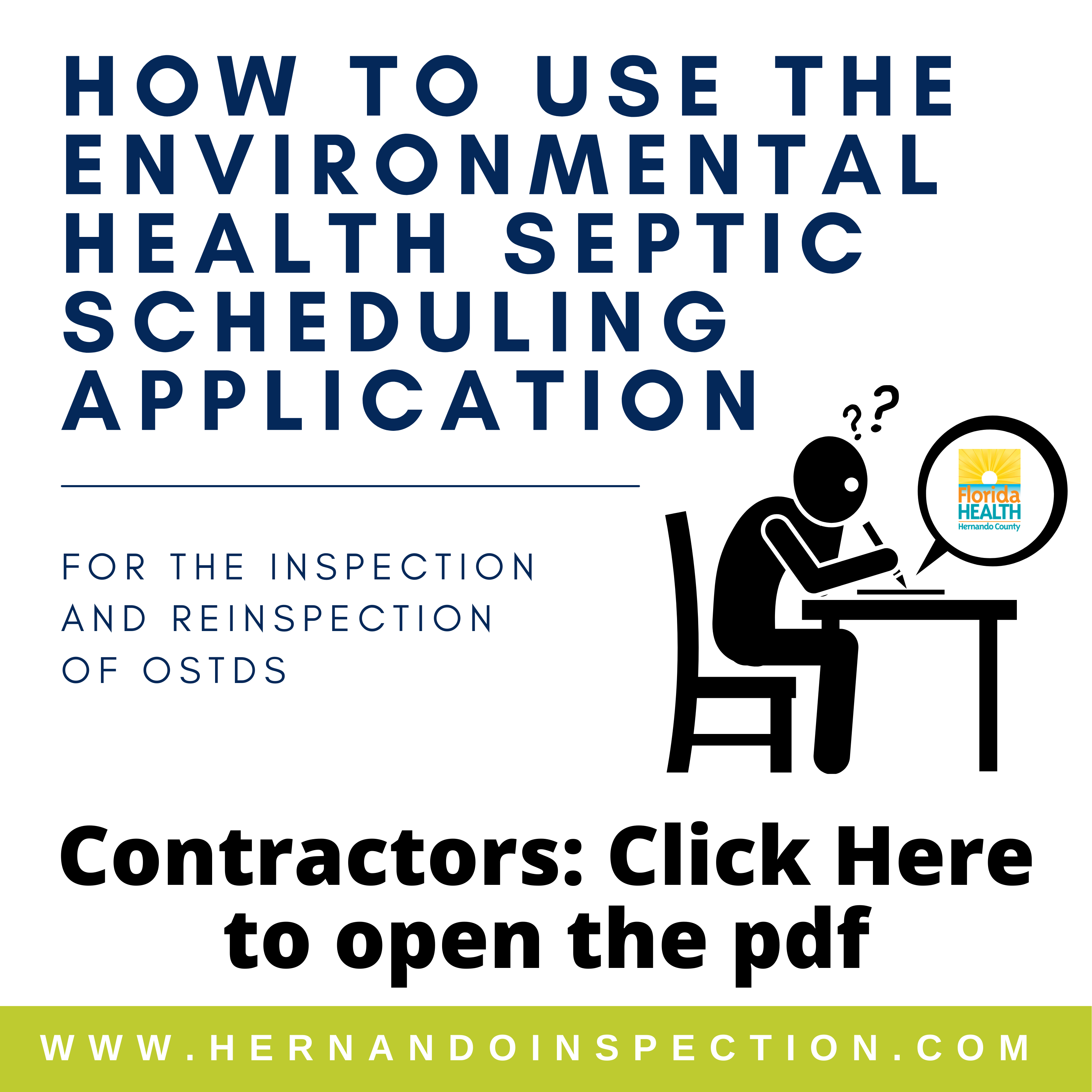 Image of a cartoon figure sitting at a table with the words posted above: How to use the Department of Health's inspection application. Click Here to open the pdf.