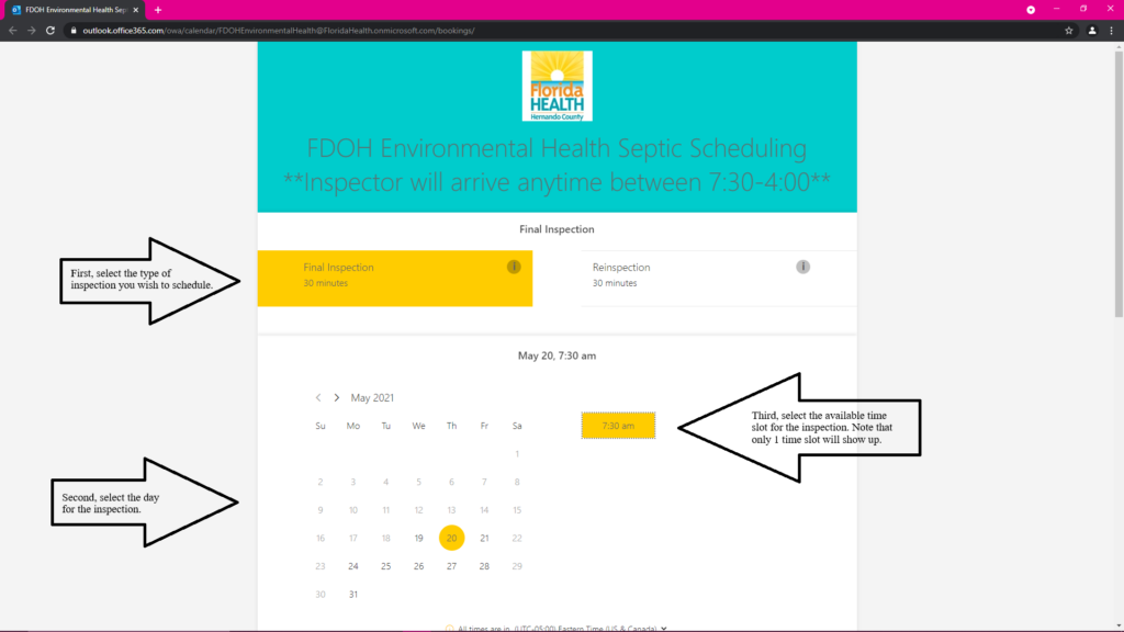 Screenshot of the first page of the septic scheduling application